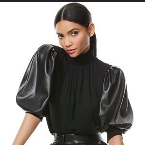 Alice + Olivia Carmina faux-leather puff sleeve top